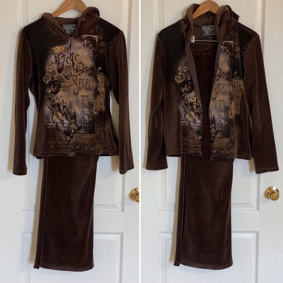 🔥Rare🔥 Y2K Vintage Brown Velour Embellished Track Suit, XL, Made in 🇺🇸 - Picture 4 of 16